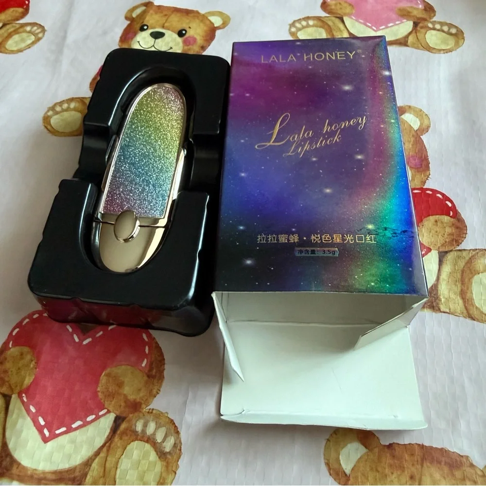 Glittery Brick Red Lipstick in Rainbow Glitter Packaging w Attached Mirror